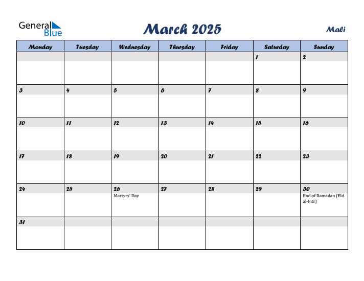 March 2025 Calendar with Holidays in Mali