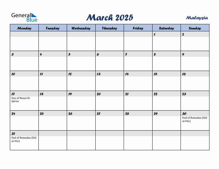 March 2025 Calendar with Holidays in Malaysia