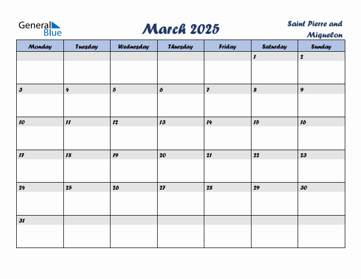 March 2025 Calendar with Holidays in Saint Pierre and Miquelon