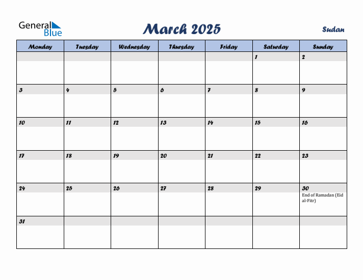 March 2025 Calendar with Holidays in Sudan