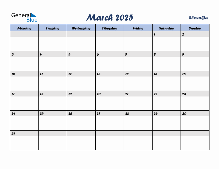 March 2025 Calendar with Holidays in Slovakia