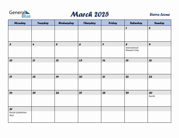 March 2025 Calendar with Holidays in Sierra Leone
