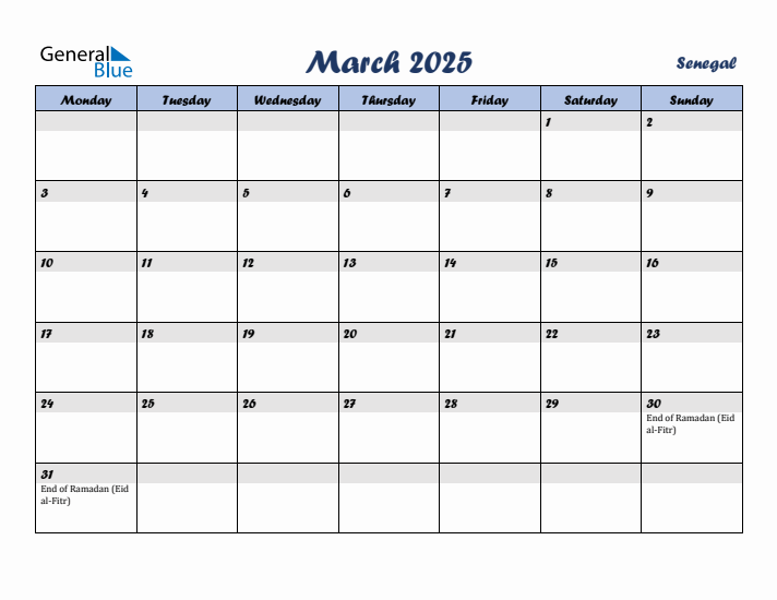 March 2025 Calendar with Holidays in Senegal