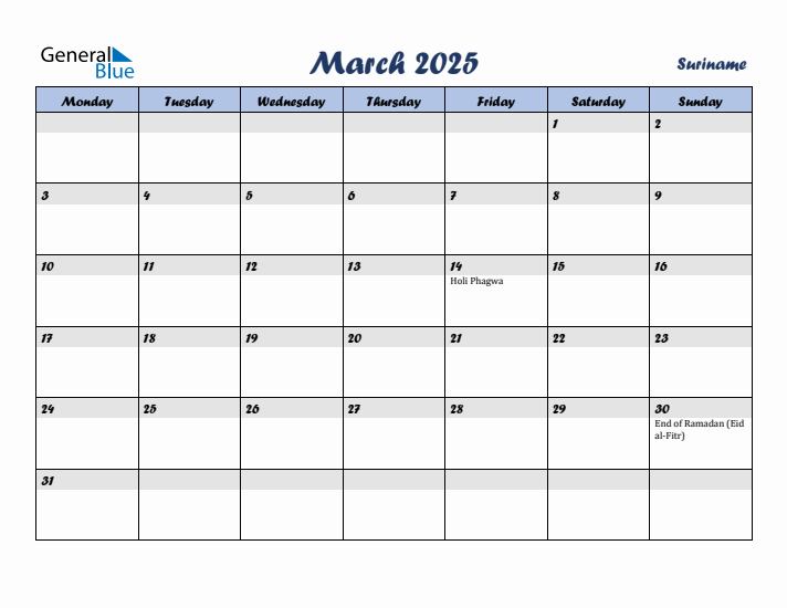March 2025 Calendar with Holidays in Suriname