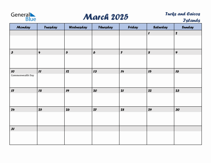 March 2025 Calendar with Holidays in Turks and Caicos Islands