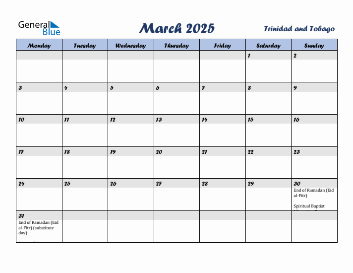 March 2025 Calendar with Holidays in Trinidad and Tobago