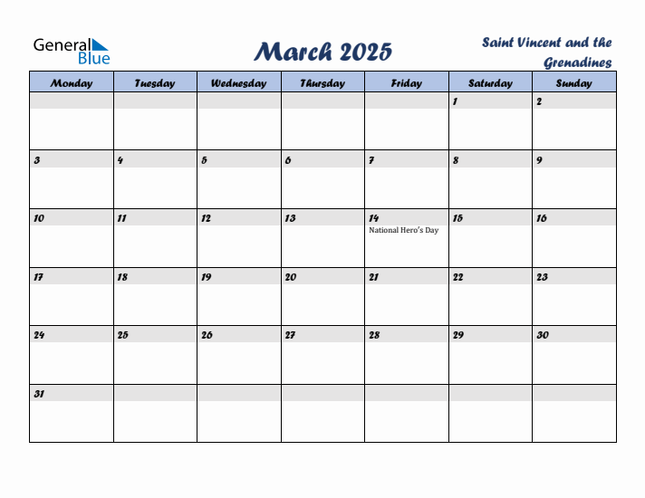 March 2025 Calendar with Holidays in Saint Vincent and the Grenadines
