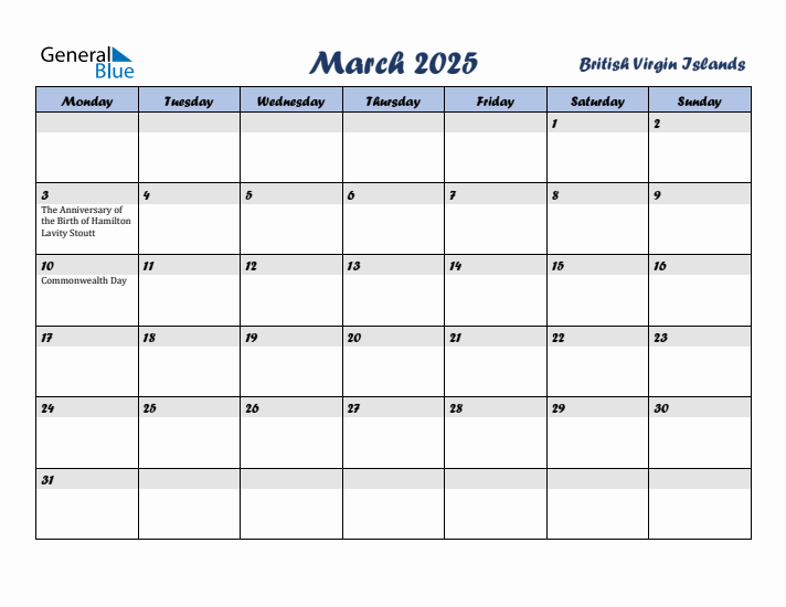 March 2025 Calendar with Holidays in British Virgin Islands