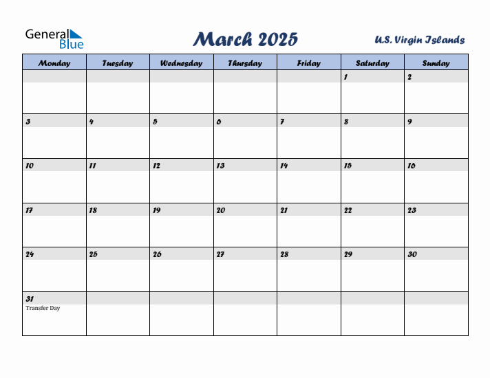 March 2025 Calendar with Holidays in U.S. Virgin Islands
