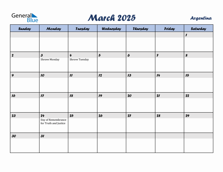 March 2025 Calendar with Holidays in Argentina