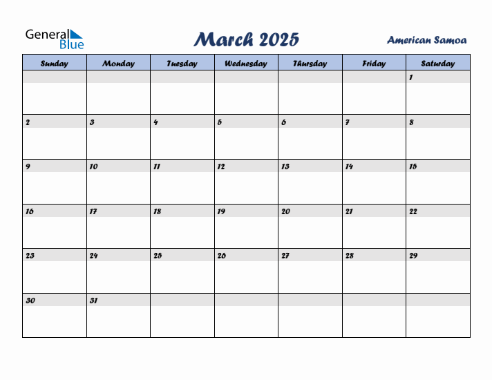 March 2025 Calendar with Holidays in American Samoa