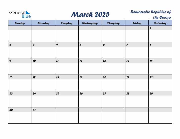 March 2025 Calendar with Holidays in Democratic Republic of the Congo
