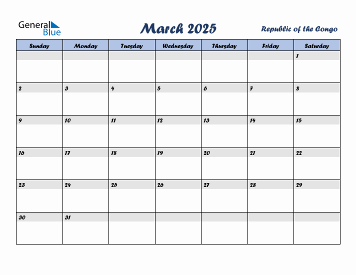 March 2025 Calendar with Holidays in Republic of the Congo