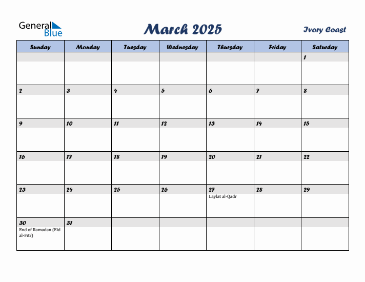 March 2025 Calendar with Holidays in Ivory Coast