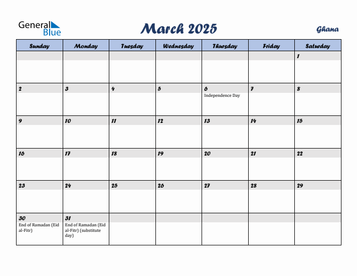March 2025 Calendar with Holidays in Ghana