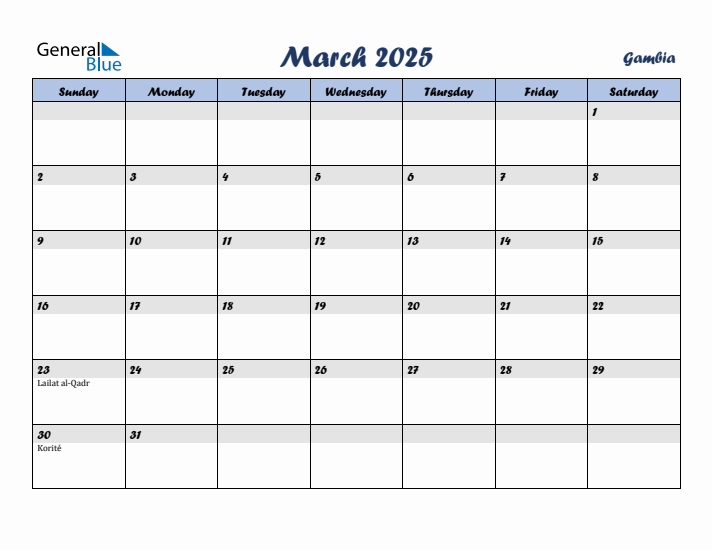 March 2025 Calendar with Holidays in Gambia