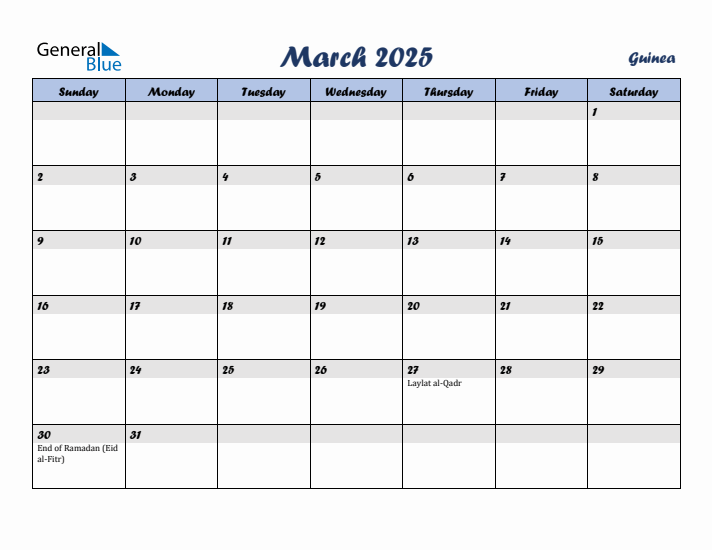 March 2025 Calendar with Holidays in Guinea