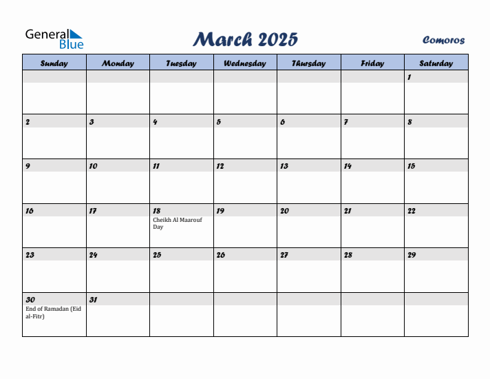 March 2025 Calendar with Holidays in Comoros