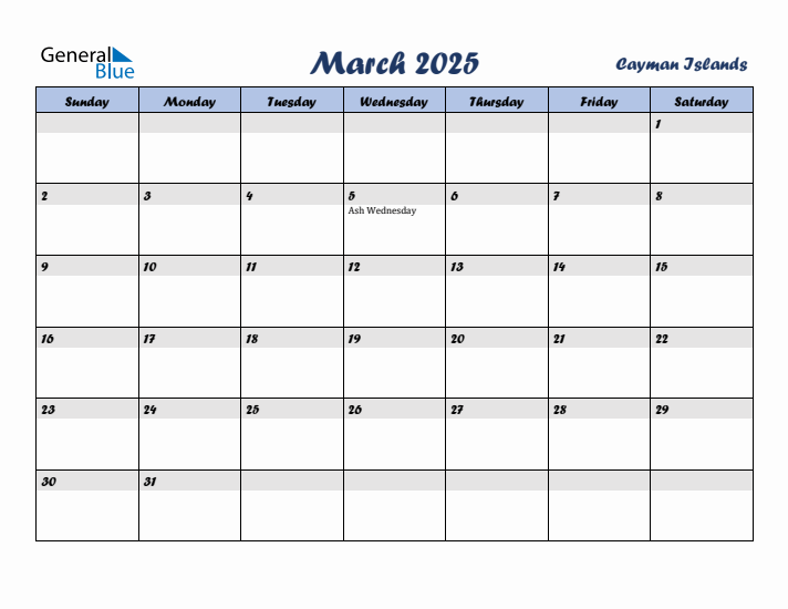 March 2025 Calendar with Holidays in Cayman Islands