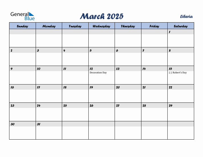 March 2025 Calendar with Holidays in Liberia