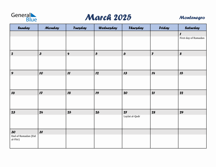 March 2025 Calendar with Holidays in Montenegro
