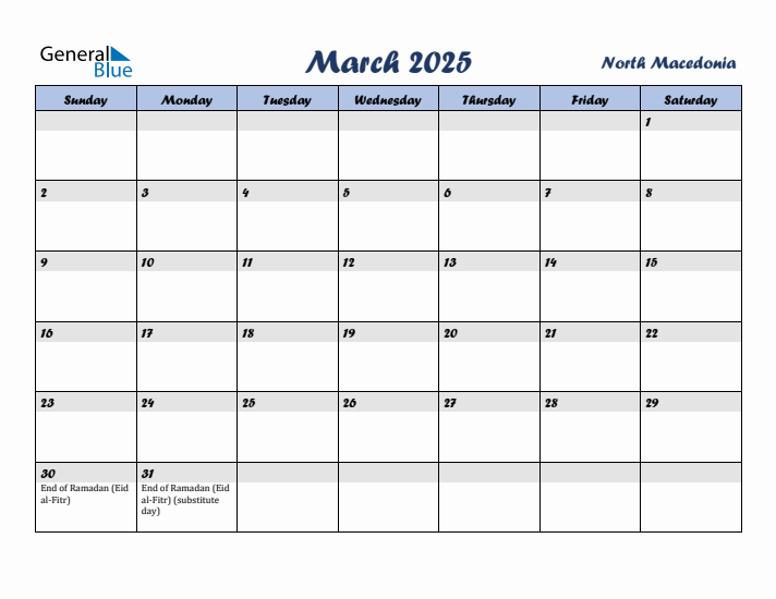 March 2025 Calendar with Holidays in North Macedonia