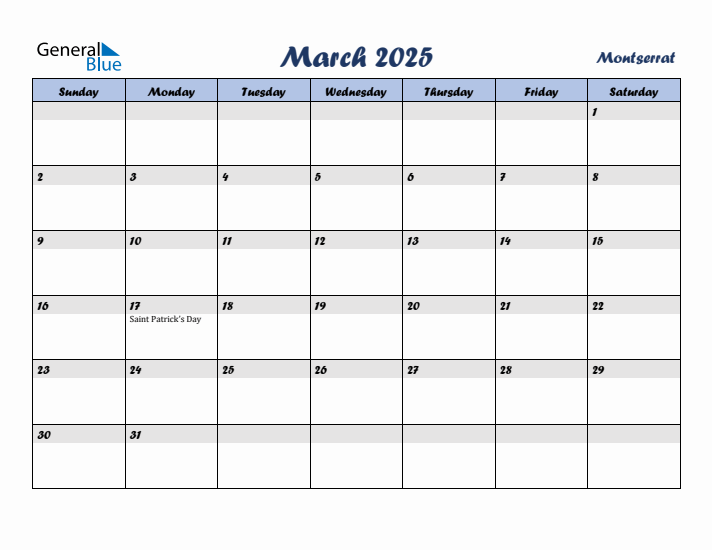 March 2025 Calendar with Holidays in Montserrat