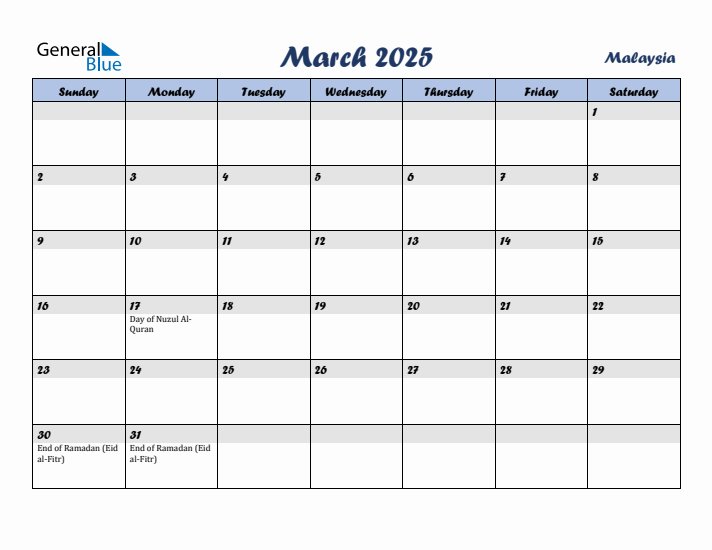 March 2025 Calendar with Holidays in Malaysia