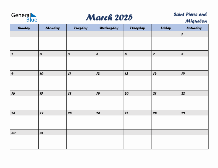 March 2025 Calendar with Holidays in Saint Pierre and Miquelon