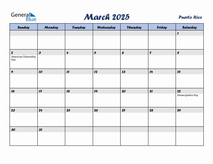 March 2025 Calendar with Holidays in Puerto Rico