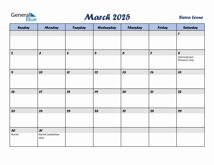 March 2025 Calendar with Holidays in Sierra Leone