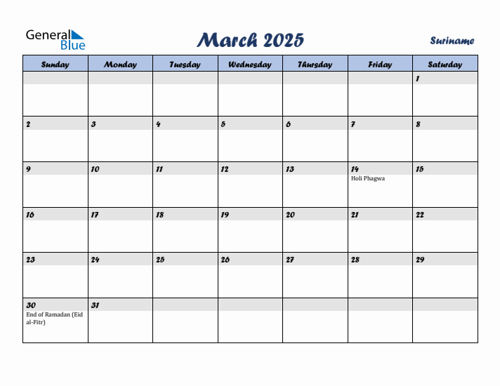 March 2025 Calendar with Holidays in Suriname