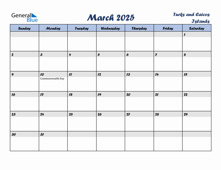 March 2025 Calendar with Holidays in Turks and Caicos Islands