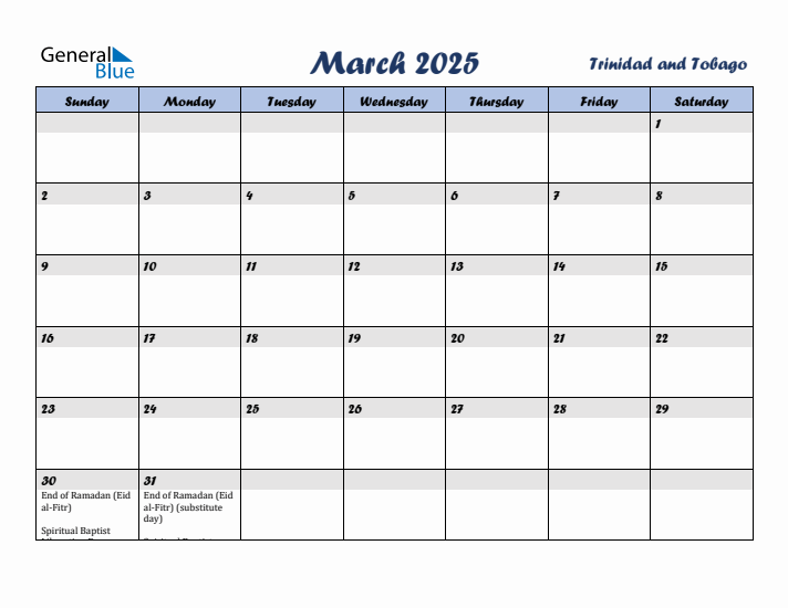 March 2025 Calendar with Holidays in Trinidad and Tobago