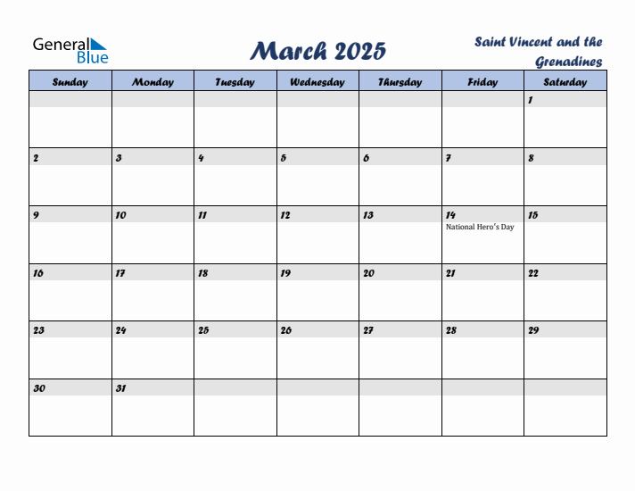 March 2025 Calendar with Holidays in Saint Vincent and the Grenadines