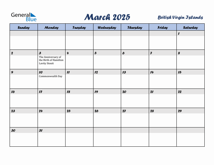 March 2025 Calendar with Holidays in British Virgin Islands