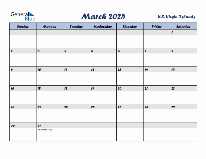 March 2025 Calendar with Holidays in U.S. Virgin Islands