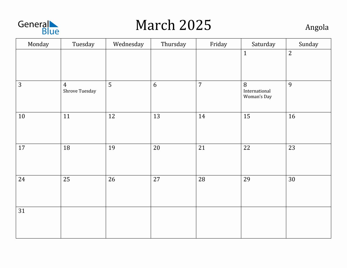 March 2025 - Angola Monthly Calendar with Holidays