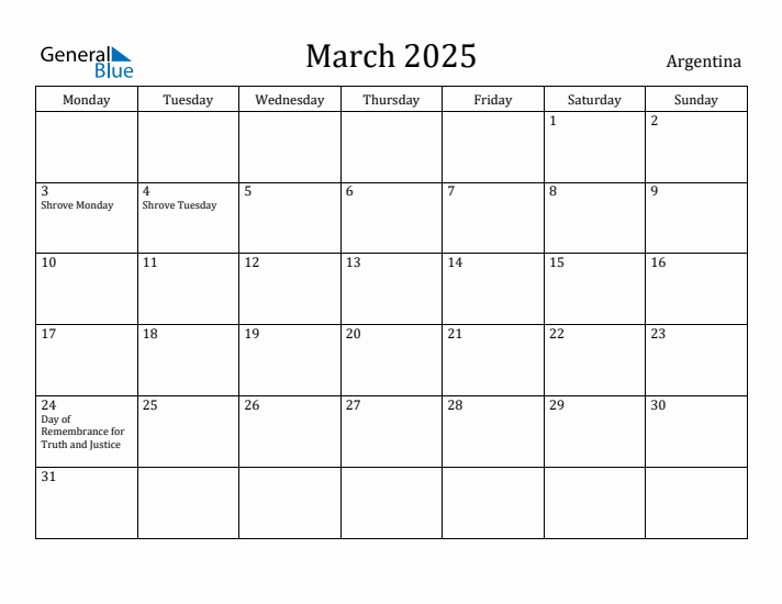 March 2025 Calendar Argentina