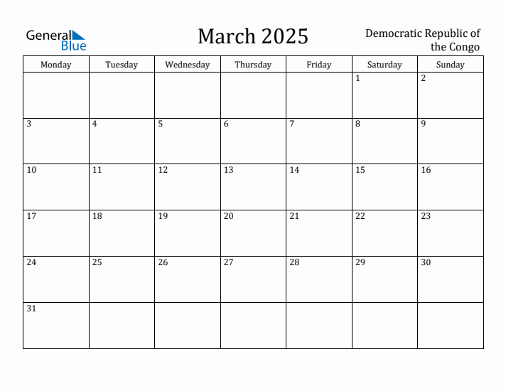 March 2025 Calendar Democratic Republic of the Congo