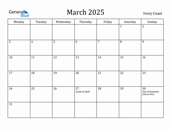 March 2025 Calendar Ivory Coast