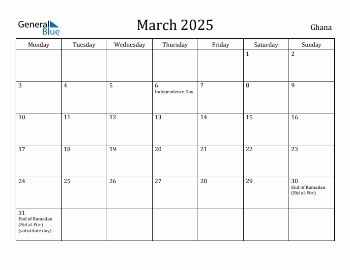 March 2025 Calendar Ghana