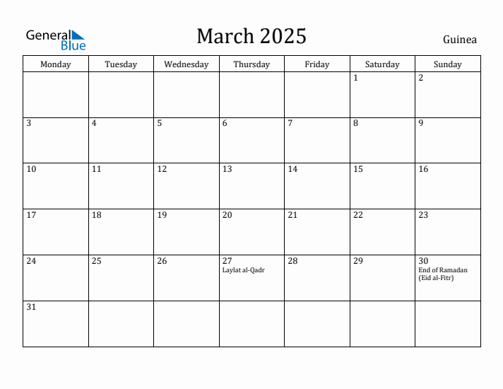 March 2025 Calendar Guinea