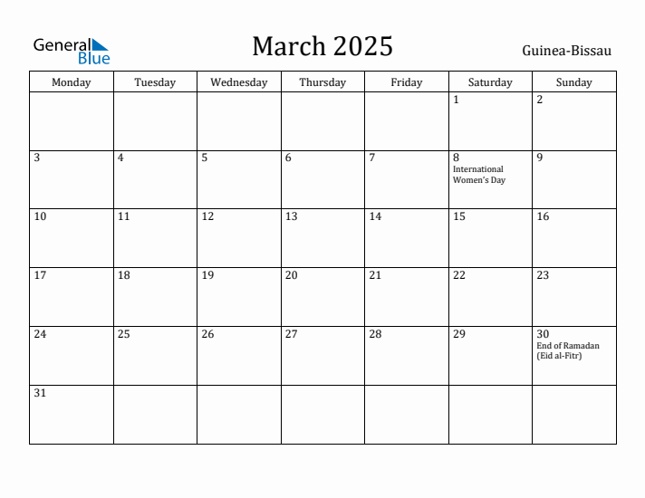 March 2025 Calendar Guinea-Bissau