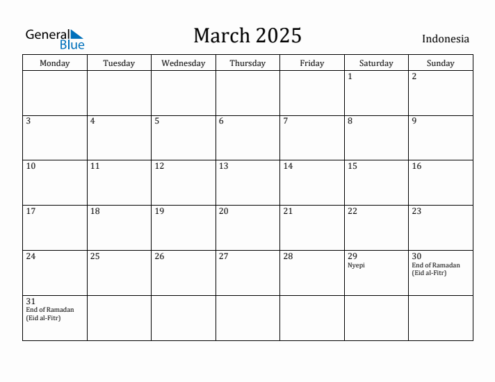 March 2025 Calendar Indonesia