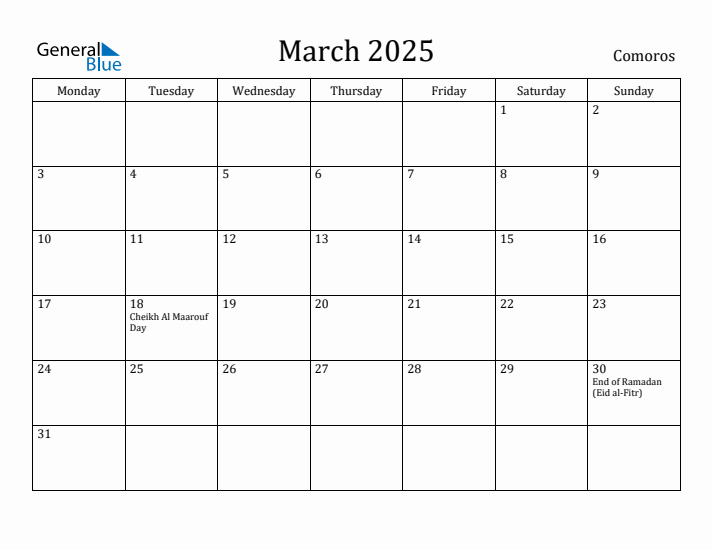 March 2025 Calendar Comoros