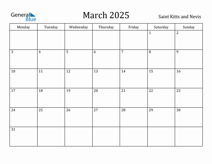 March 2025 Calendar Saint Kitts and Nevis