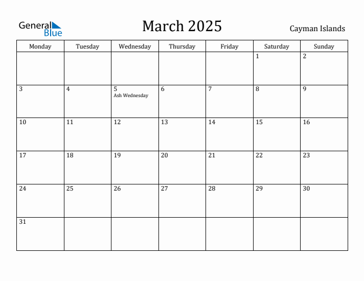 March 2025 Calendar Cayman Islands