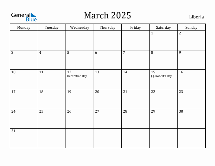 March 2025 Calendar Liberia