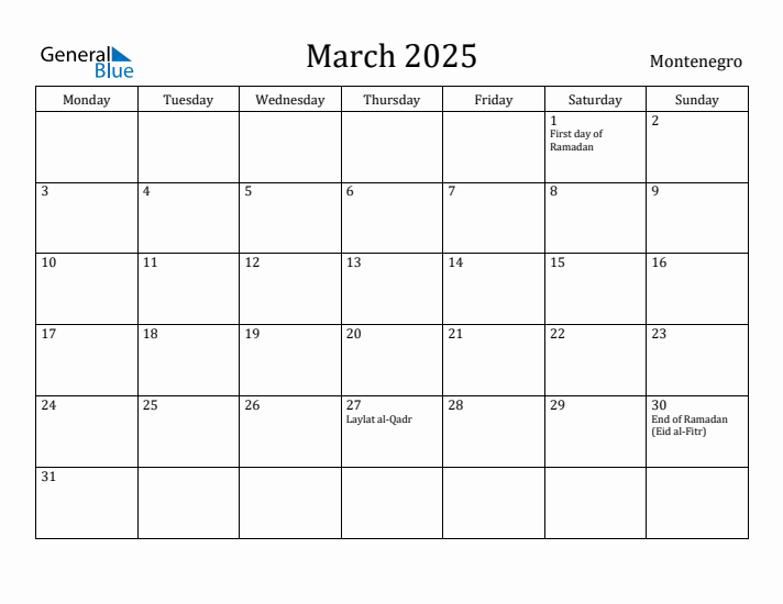 March 2025 Calendar Montenegro